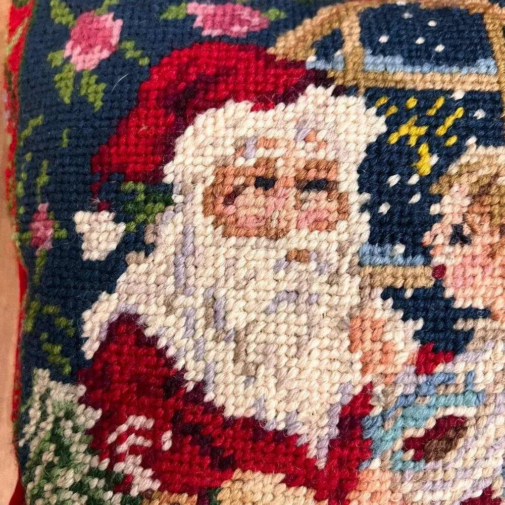 Vintage Needlepoint Christmas Throw Pillow Velvet Santa Holiday Decor